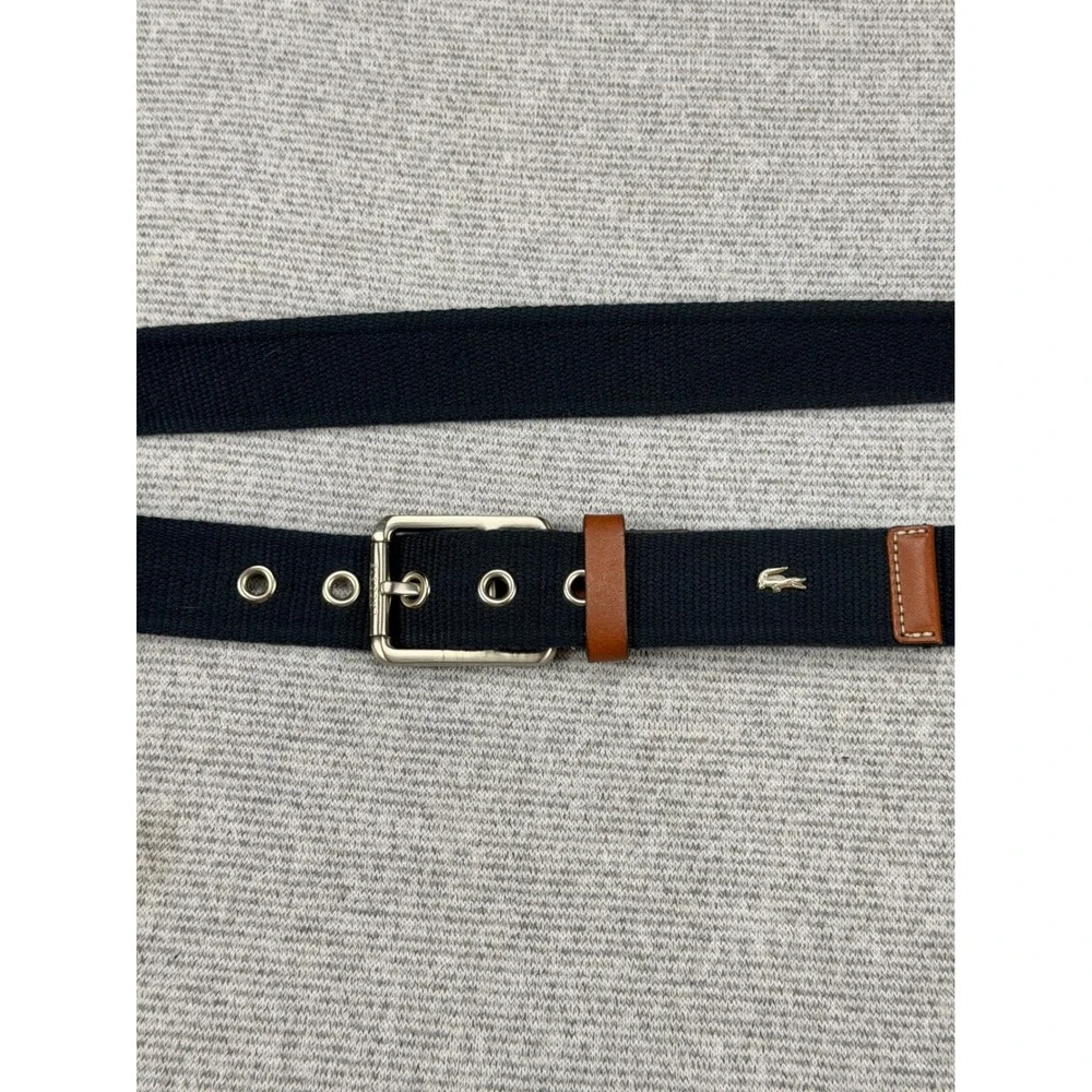 Lacoste Mens Navy Blue Webbed Belt Brown Leather Trim Logo Size 36